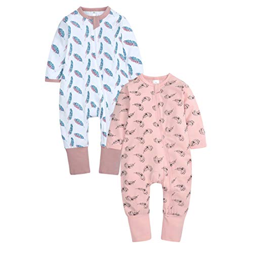 Baby Boys Girls Unisex 2-Pack Long Sleeve Cotton Footed Pajama Infant Cute Graphic 2-Way Zip Romper Sleep and Play