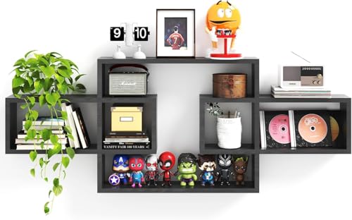 Image of Wooden Wall Shelves for Living Room, Bedroom Wall Mounted Rectangle Bookcase, Intersecting Wall Shelves for Storage Modern Decorative Display Shelves for Wall Decor (Black)