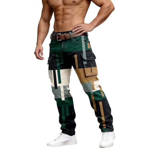 Duohropke Pantalones cargo para hombre, elásticos, con contraste de color, pantalones vaqueros estampados, patchwork, pierna recta, pantalones de hombre, pantalones de exterior, cintura media