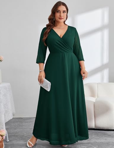 Image of ZOMVA Plus Size Maxi Formal Dress Lace Chiffon Floral V-Neck Wrap Wedding Guest Evening Gown Cocktail Prom 3 /4 Sleeves