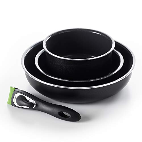 Greenpan 4-teilig-es Set bestehend aus Koch-Topf 16 cm Ø und Brat-Pfannen 20 26-cm Ø + klick-Griff für Backofen Keramik-beschichtet Spülmaschinen-geeignet, Aluminium, schwarz, 26 cm, 4