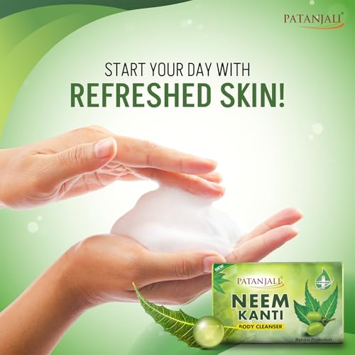 Image of Patanjali Neem Kanti Herbal Body Cleanser Soap for Men and Women (150g, Pack of 4), Moisturizing & Deep Cleansing, Natural Neem Soap for Dry Skin