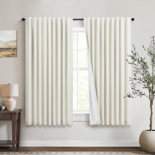 Blackout Curtains 70 Inches Extra Wide Natural Linen Curtain 54 Inch Length 2 Panel for Living Room Bedroom Pleated Farmhouse Thermal Cream Drapes for Summer Winter Window Energy Efficient 70 W x 54 L