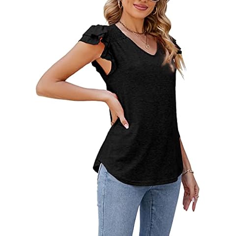 Amstt Womens Summer V Neck Tops Casual Petals Loose T Shirts with Short Sleeves (as1, Alpha, x_l, Regular, Regular, Black) Cover