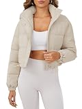 Ogfao Women's Cropped Puffer Jacket Long Sleeve Puffy Coat Stand Collar Zip UP Quilted Padded Drawstring Outwear with Pockets Beige M