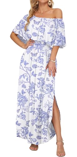 Image of AUSELILY Womens Off Shoulder Ruffle Split Summer Maxi Dresses with Pockets | Off-shoulder Ruffle dress with empire waist & side split for summer beach and casual parties