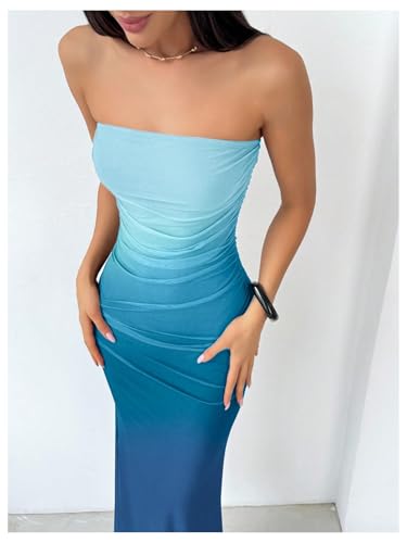 Image of GORGLITTER Women's Sunset Ombre Strapless Cocktail Bridal Shower Midi Dress | Orange Wedding Guest Dress, Mesh Tube Dress, Bridesmaid Dresses, Vacation Beach Sundresses,