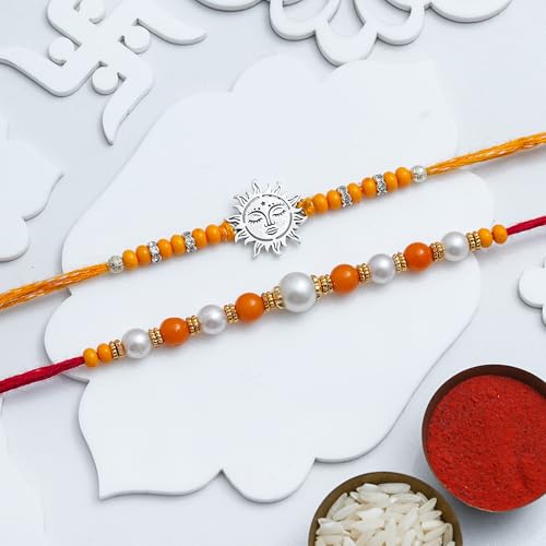 Image of eCraftIndia Sun Beads Rakhi Set of 2 | Rakhi for Brother Bhaiya Bhai with Best Bro Ever Fridge Magnet | Roli Chawal Pack