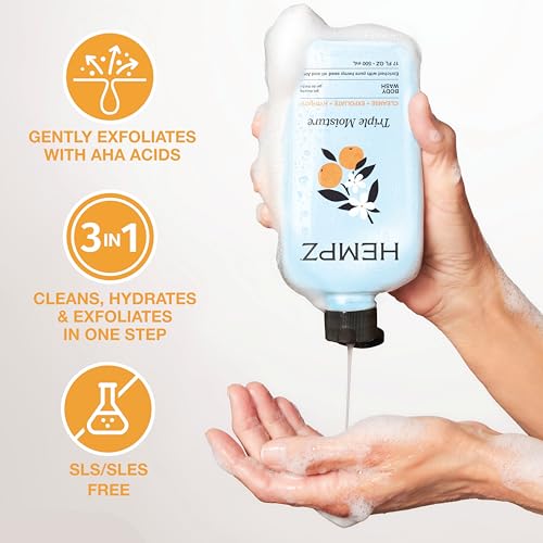 Image of Hempz Triple Moisture Body Wash - Grapefruit & Peach - Hydrating for Sensitive Skin, Scented, Exfoliating with Shea Butter, Pure Hemp Seed Oil, and Algae for Sensitive Skin - 17 fl oz