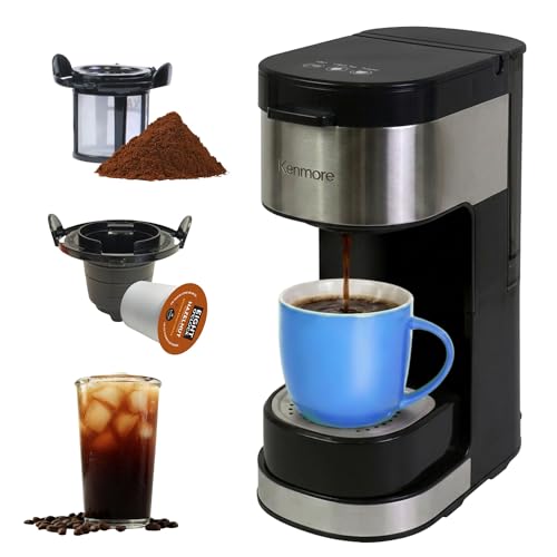 Kenmore Single Serve Coffee Maker – Compatible with Keurig K‑Cup Pods & Ground Coffee, One Cup Brewer, 6–12 Oz Brew Sizes, Travel Mug Friendly, Auto Shut‑Off, Hot & Iced Maquina de cafe, Black