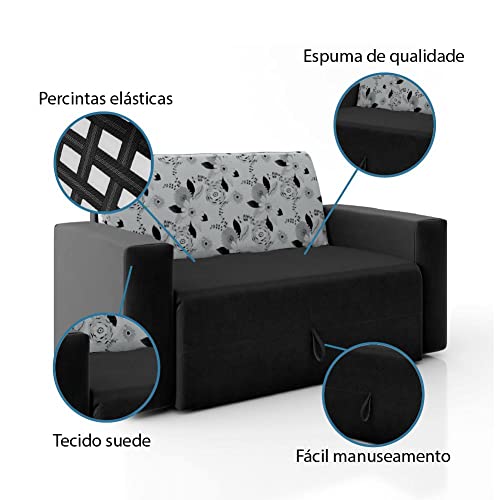 Sofá-cama 2 Lugares Pratik 5000 Mamflex Preto/cinza Floral Suede