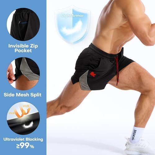 BROKIG MNS 3 Inch Gym Workout Shorts Zip Pocket Lightweight(Black,M) - 3