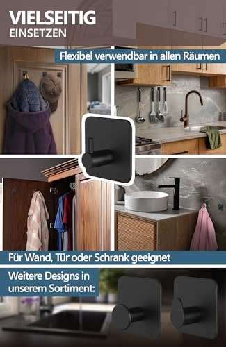 4smile Handtuchhalter ohne Bohren, 4er Set - Schwarze Edelstahl Klebehaken als Handtuchhaken, wasserdichte Haken selbstklebend - Rostfreie Badezimmer Handtuchhalter, Haken für Bad und Küche