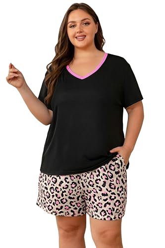Image of Vozanet Women's Short Sleeve Top and Shorts Pajama Sets Plus Size V Neck Colorful Flower Nighty Loungewear With TWO Pockets