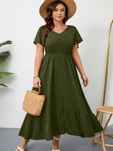 Image of RWJ Women Plus Size Maxi Dress V Neck Short Sleeve Button Trim Split Flowy Tiered Casual Long Dresses 2025 L-3XL