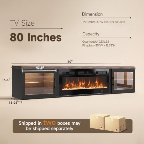Image of 80 inch Floating TV Stand with Fireplace, High Gloss Finish Wall Mounted Fireplace Entertainment Center with Storage for TVs Up to 90 inch, Brown & Black and WI-FI Enabled