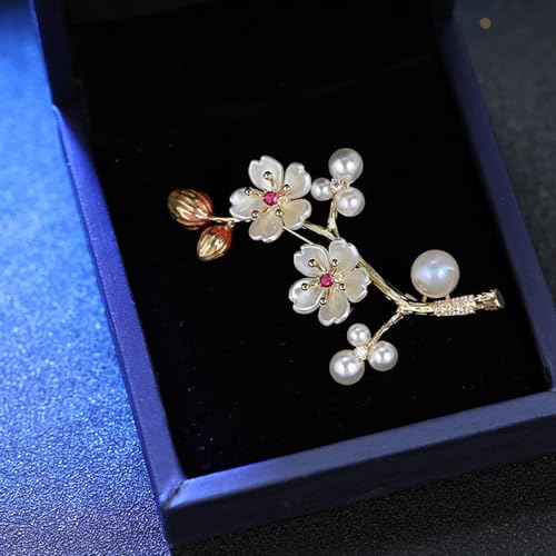 Image of Delicate Cherry Brooch for Women Girls Fashion Pearl Shell Plum Blossom Lapel Pin Rhinestone for Party Prom Elegant Accessories Decorative Floral Dress Suit Wedding Valentine Mother's Day Birthday