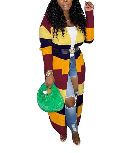 Image of SOMTHRON Women's Fall Cardigan Sweater Open Front Color Block Striped Knit Long Draped Coat Duster Outerwear