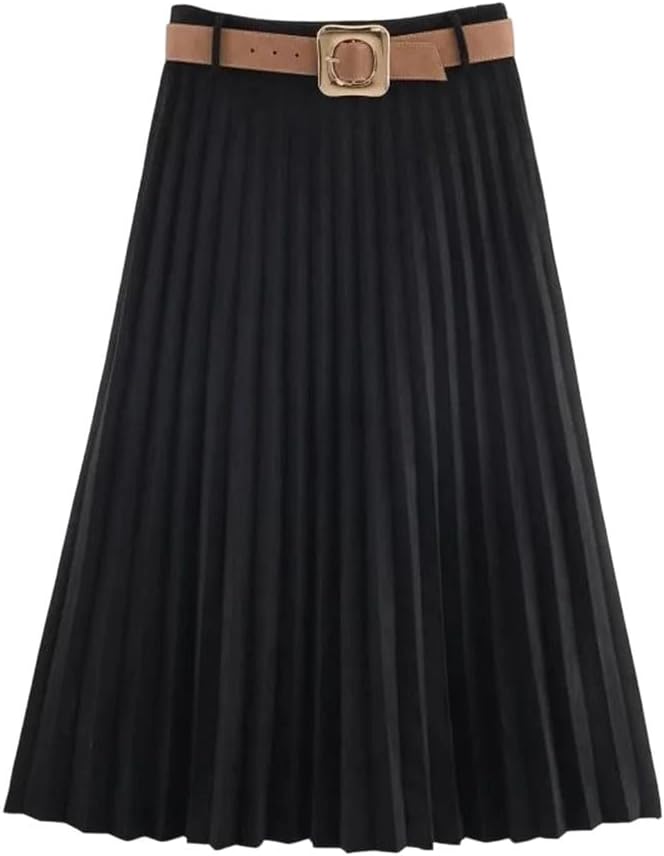Women's Solid Color Pleated Midi Skirt Women Casual Elegant Skirt