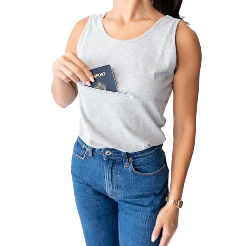 Clever Travel Companion Womens Tank Top with 1 Hidden Zipper Pocket, 100% Pickpocket Proof Holiday Tour Sleeveless Tee Shirt (Grey, X-Small)