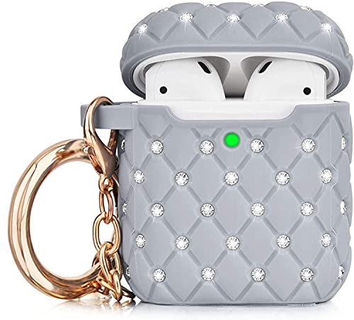 Airpods Compatible Case for Women, Girls, Everyone, Case with Rhinestones, Gems and Gold Chain, Full Protective Hard TPU Cover Compatible with Apple Airpods Gen 1/2, Wireless Charging Case (Grey)