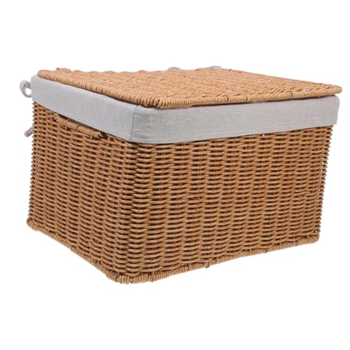 STOBAZA Cesta de Almacenamiento con Tapa y Asas Cesta Decorativa de Mimbre Rectangular de Seagrass para Organizar Ropa y Objetos Hogar Cocina y Oficina