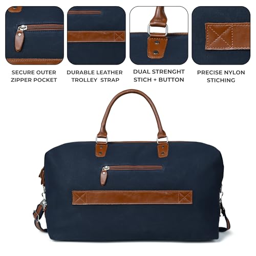 Image of Genuine Leather Large 40L Canvas Weekender Travel Duffle Cabin Bag with Detachable Shoulder Strap for Men and Women Overnight Sling Bag (Blue)