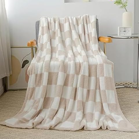 Andreannie Cozy Warm Fluffy Kahki Microfiber Polyester Buffalo Checkerboard Pattern Throw Blanket Knitted Checkered Lightweight Bed Blanket for Sofa Bed Cabin Decor (Twin :60x80 in, Kahki) Cover