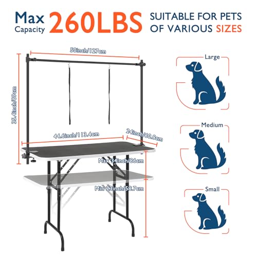 Image of LEIBOU 45'' Height Adjustable(23''~33.8'') and Foldable Pet Dog Grooming Table Heavy Duty Iron Frame with H-Shape Grooming Arm & Noose, Maximum Capacity Up to 260lbs, Black