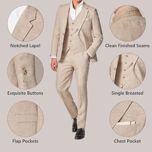 3 Piece Summer Linen Suits for Men, Men's Slim Fit Suit Set Two Buttons Casual Solid Blazers Vest Pants Set for Wedding Party, Beige, XL3