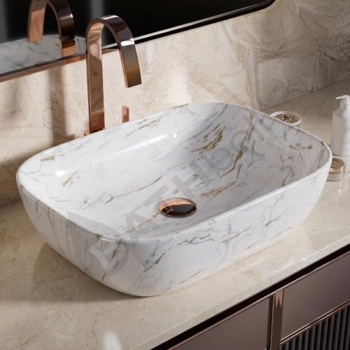 Image of Designer Ceramic Wash Basin For Bathroom | Over Counter Bathroom Basin | Counter Top Bathroom Sink | Wash Basin For Restaurant, Hotel (18 x13 x 5 Inch) (121)