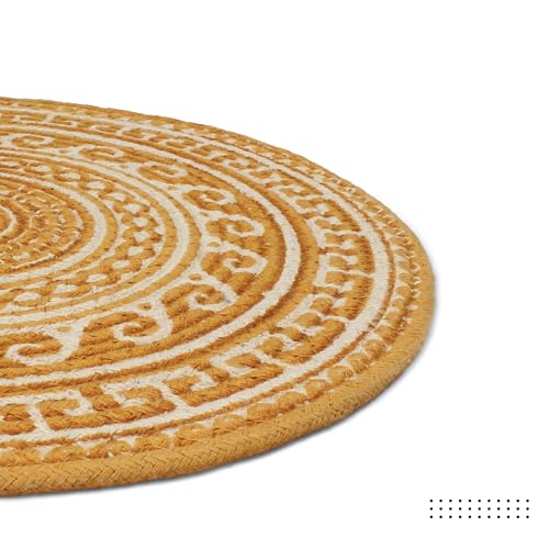Image of Dining Table Mats Set of 6 | Cotton Table Mat 32 cm Diameter, Encasa XO Washable Round Table Mats, Heat Resistance Dining Table Placemats, Handmade Ribbed Style for Centre Table, Mustard Mandala Print
