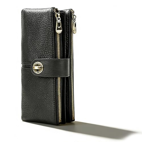 Portefeuille en cuir femme avec double fermeture éclair noir rétro