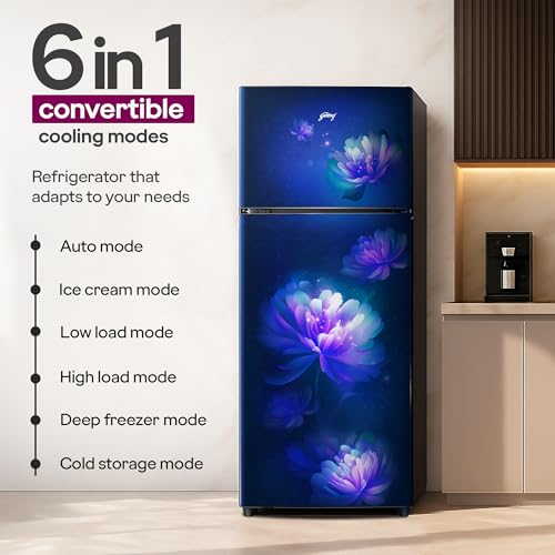 Image of Godrej 244 L 3 Star 5 Years Comprehensive Convertible Freezer 6-In-1 | 95%+ Food Surface Disinfection Double Door Refrigerator (2026 Model, RT EONVALOR 280CN RCIF LA BL, Lisa Blue)