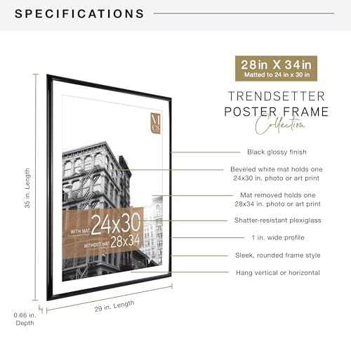 Image of MCS Trendsetter Poster Frame With Mat Option, 28x34 Matted to 24x30, Black | Trendsetter Poster Frame For Photos, 28x34 Inch, Displays 24x30 Inch Matted Or 28x34 Unmatted, Black, 1-Pack