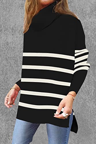 Image of Women's Turtleneck Oversized Sweaters Long Sleeve Split Hem Striped Knit Pullover Tops