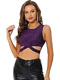 Allegra K Damen Top Ärmellos Cut Out Kreuzgurte Oberteil Glitzer Party Bauchfrei Crop Top Shirt Lila S