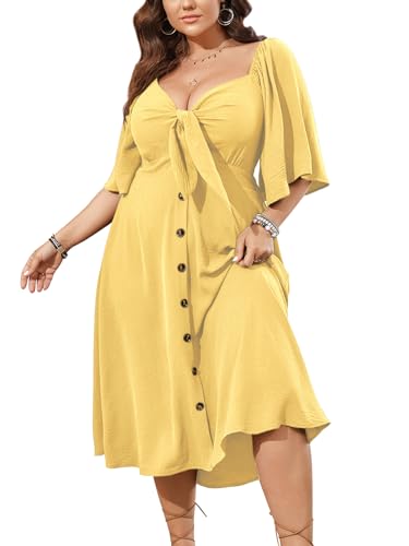 Image of SCOMCHIC Plus Size Summer Dress Casual Short Sleeve Bow Tie Deep V Neck Smocked Button Down Midi Flowy A-line Boho Dresses
