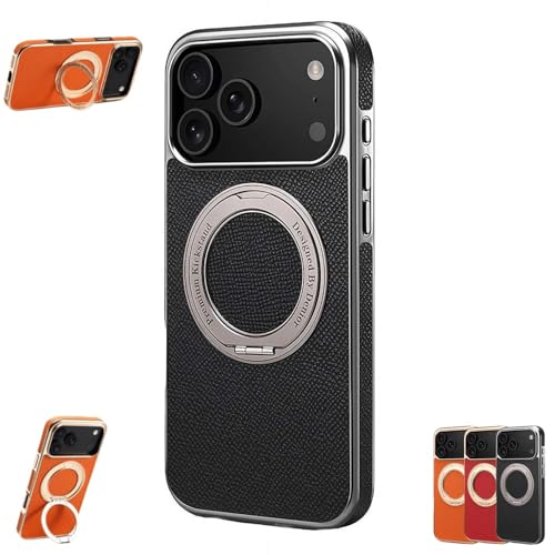 マグネット式回転スタンド、360°回転キックスタンド、フルボディ保護を備えた、Phone 17シリーズ用スリム本革ケース (黒 Phone 17 pro用)