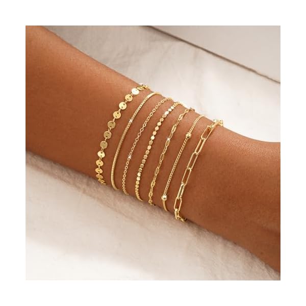 BERISO Gold Bracelets for Women Gold Chain Bracelet Sets for Women 14K Gold Plated Dainty Link Bracelets Stackable - Image 3