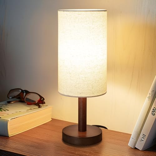 Small Table Lamp for Bedroom, Nightstand Lamp Linen Lampshade Bed...
