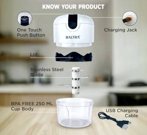 Image of BALTRA Slice Rechargeable Mini Electric Chopper, 250ml Food Grade Bowl, Stainless Steel Blades, One Touch Operation, 3 Stainless Steel Blades for Effortlessly Chopping Vegetables, Fruits 1yr Warranty