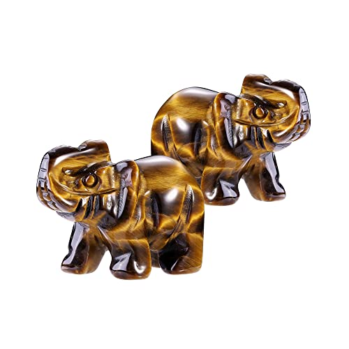 Jovivi 2pcs Natural Tiger Eye Carved Gemstones Elephant Figurine 1.5'' Elephant Statue Animal Crystal Home Room Decorations