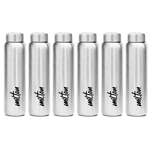 Milton Aqua 1000 - Botella de agua de acero inoxidable (6 unidades, 950 ml, 100 % a prueba de hojas), color plateado
