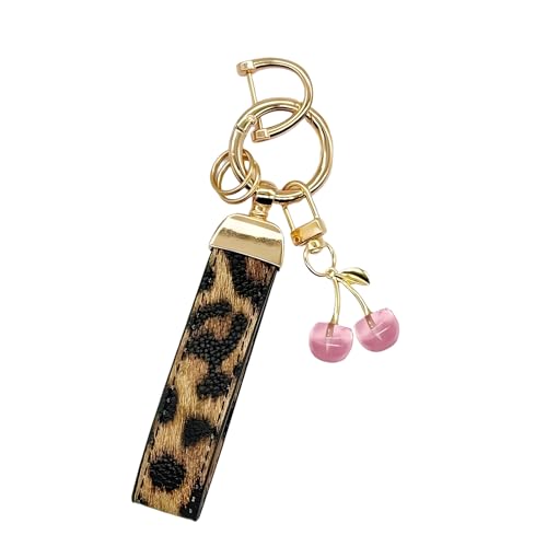 Angyape Cherry Keychain Wristlet Leather Car Keychain for Women Cute Purse Bag Charms Key Fob Holder with Keyrings Gifts