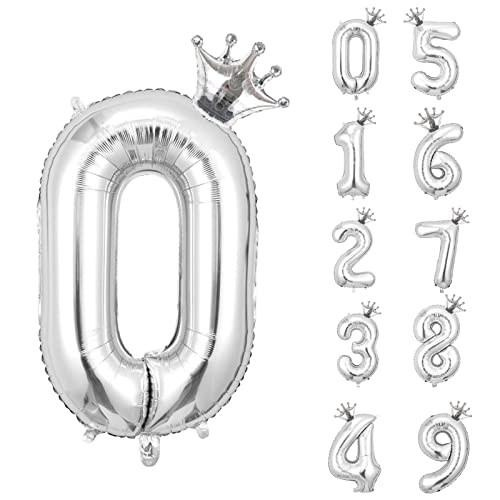 養楽堂 誕生日 バルーン 数字 パーティー 飾り風船 0-9 王冠 デコレーション装飾 32インチ 大きい バルーン 結婚式 記念日 子供 大人兼用 シルバー0