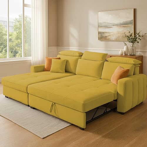 Image of Casaliving Gagnon LHS 4 Seater L Shape Corner Sofa Cum Bed for Living Room (Yellow Fabric) Premium Fabric Sofa Cum Bed