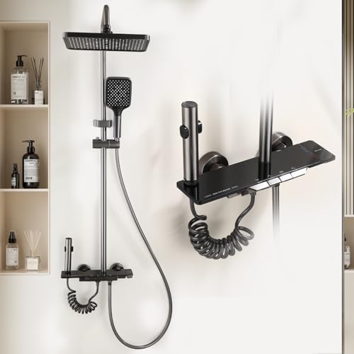 CALISTOUK Columna de Ducha Negro con 4 Botones de Piano, Sistema de Ducha con Rociador de Lluvia y Ducha de Mano, Conjunto de Ducha Ajustable en Altura 67 107cm para Baño D5