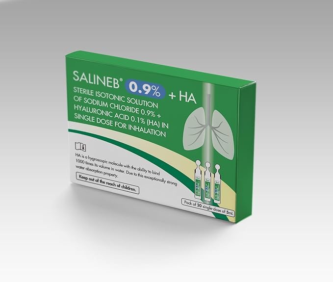 SALINEB Inhalación isotónica al 0,9% + HA, solución isotónica estéril de cloruro de sodio NaCl, solución salina para inhalación en dosis única para inhalación, 20 frascos de dosis unitaria de 5 ml