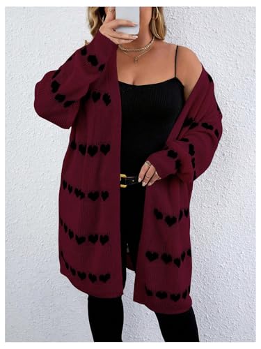 Image of MakeMeChic Women's Plus Size Long Cadigan Sweaters Casual Open Front Kint Lightweight Cadigan Heart Long Sleeve Outerwear